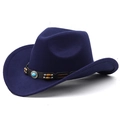 Close-up of navy wool western hat featuring leather band with beads and turquoise stone - Navy Blue