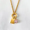 Elegant 14K gold plated stainless steel initial L necklace with pink crystal pendant - L