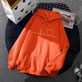 Orange fleece hoodie with white heart electrocardiogram print and kangaroo pocket - S / Tops / Orange