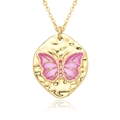 Hammered gold butterfly necklace with pink enamel pendant and delicate cross chain - E363/Pink Coin Butterfly