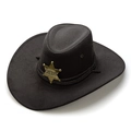 Chapeau de cowboy rétro gris foncé avec corde tressée marron et insigne d'étoile Sheriff - Noir