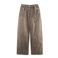 Bruingrijze vintage denim broek met wijde pijpen en bijpassende stoffen riem op wit - XS / Bruin