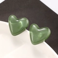 Close-up of deep green heart-shaped stud earrings with cat-eye stone texture - Dark Green (Z-365)