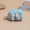 Light blue corduroy mini coin purse with mesh bow, pearls and golden keychain - Blue
