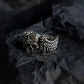 Silver gothic skull ring with feathered wings in a dark punk rock style for men - Wings Skull Open Ring