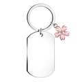 Silver stainless steel dog tag keychain with delicate pink cherry blossom charm - Pink Flower