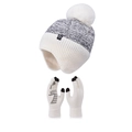 Winter set with mixed grey earflap beanie, white faux fur pompom and touchscreen gloves - Cream