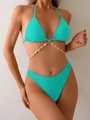 Turquoise bikini set with shell waist chain decoration for resort beach party fashion - S / Lake Blue