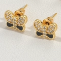 Elegant gold butterfly stud earrings with sparkling crystals and black enamel accents - Black Butterfly (ES2604)