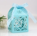 Detail of laser-cut heart pattern on tiffany blue wedding candy favor box with ribbon - Tiffany Blue