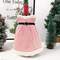 Pink velvet Santa dress wine bottle cover with white plush trim and golden belt buckle - Pink Velvet Tube Dress Style