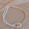 Choker asimmetrico retrò con perle a doppio filo e catene di strass su raso - Collana Oro