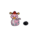 Pink cartoon snake enamel pin with red festive hat and back clasp accessory - Pink Snake with Official Hat