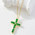 Gold-plated cross pendant necklace featuring emerald green zircon stones and fine chain - Gold/Green Gemstone Cross/J