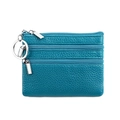 Peacock blue leather coin purse with three zipper layers and lychee texture - Lake Blue
