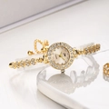 Elegant gold quartz watch bracelet set with sparkling rhinestones and adjustable pull-cord strap - Gold Band Gold Dial
