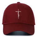 Burgundy cotton baseball cap with white Faith cross embroidery and curved brim - Adjustable / Burgundy