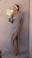 Sage green satin midi dress featuring elegant ruffle sleeves and a side slit detail - S / Silver