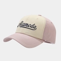 Detailed view of Alameda embroidery on two-tone cotton twill baseball cap fabric - Pink