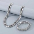 Dettaglio del set collana e bracciale a maglie cubane in acciaio inossidabile argento - Bracciale 22cm / Argento Taglio Obliquo (Larghezza 13mm/Lucidato)