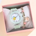 Leuchtende mintgrüne LED-Studentenuhr mit Perlenarmband in einer rosa Geschenkbox - Grüne Uhr + Armband Set / Grün (Ananas-Muster)