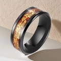 Men's titanium steel ring with black finish and golden dragon inlay on red carbon fiber - US 7