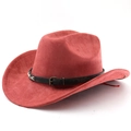 Detail of red faux suede cowboy hat featuring black leather belt and vintage metal buckle - M (56-58cm) / Brick Red