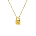 Minimalist gold tone lock necklace featuring a square padlock pendant with letter M - M