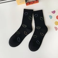 Black crew socks with colorful embroidered smileys and ribbed elastic cuffs - One Size / Black Colorful Smiley