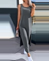 Detail of dark grey sleeveless maxi dress featuring a high side slit for summer wear - S / Dark Gray