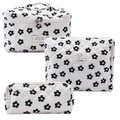 3-piece set of white quilted cotton cosmetic bags with black floral daisy print - Black Flower
