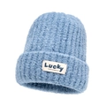Light blue thick knit beanie featuring a 'Lucky' fabric patch for winter warmth - Blue