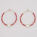 Bohemian large beaded hoop earrings featuring red beads and white pearl accents in gold - Red with Pearl (MI-E220218A)