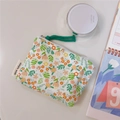 Detailed top view of a pink floral cotton coin purse with a green zipper pull rope - White Base Pink Flower