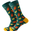 Dark green mid-calf cotton socks with orange and yellow autumn leaf pattern - Size 39-45 / Leaf