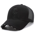 Black mesh baseball cap featuring a 3D embroidered C logo and sport print on the brim - Black with Black Embroidery