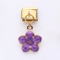 Maglia per bracciale italiano con bordo dorato e ciondolo fiore in smalto viola - Fiore di Pesco