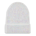 Dettaglio del berretto in maglia bianca con strass AB luccicanti e trama a costine - L (58-60 cm) Elastico / Bianco (Disposizione di Strass Colore AB)