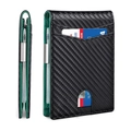 Dettaglio del portafoglio sottile in fibra di carbonio con interno in pelle verde e clip - Fibra di carbonio Nero + Verde