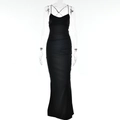 Detail of elegant black satin maxi dress featuring a criss-cross lace-up back design - S / Black