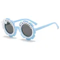 Light blue flower-shaped birthday sunglasses with pearls and happy birthday text - Blue Frame Grey Lens