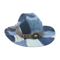 Cappello da cowboy in denim patchwork con nastro etnico e dettaglio turchese - M Denim Pietra Blu Ovale / Azzurro