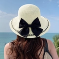 Cappello di paglia beige a tesa larga con grande fiocco nero per vacanze al mare - Fiocco Bianco Sporco (D-177)
