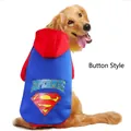 Red and blue Superman dog hoodie with button closure for large breeds like Golden Retrievers - (button Style) Superman Blue With Hood And Two Legs