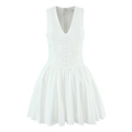 Elegant white sleeveless V-neck summer dress with pleated skirt and button detail - S / White