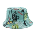 Detailed view of blue bucket hat featuring street graffiti prints and reinforced brim stitching - M (56-59cm) / Lake Blue Graffiti Letters (05)