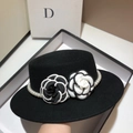 French style wool felt boater hat with camellia flowers and pearl trim decoration - Adjustable / Black