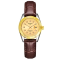 DEDIMA quartz watch featuring a gold sunburst dial with diamond markers and brown leather strap - Brown Strap Two-tone Case Gold Dial Women