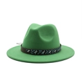 Detail of green wool fedora hat featuring a brown leather band with ethnic beadwork decoration - Grass Green