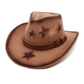 Cappello fedora in feltro di lana stile western con motivi a stella e cinturino in pelle - M (56-58cm) / Cachi